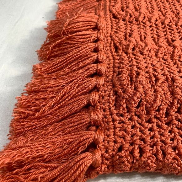 Crochet Afghan Blanket Throw Hand Crafted Salmon Pink Orange Fringe 45 x 39 - Picture 5 of 11